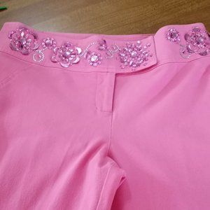 Jendo bright pink stretch cotton blend pants with pink rhinestone detailing